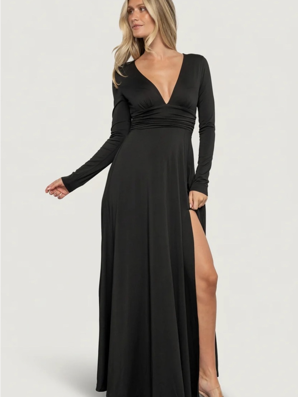 NWT Black Long Sleeve V-Neck Maxi Dress with Side Slit